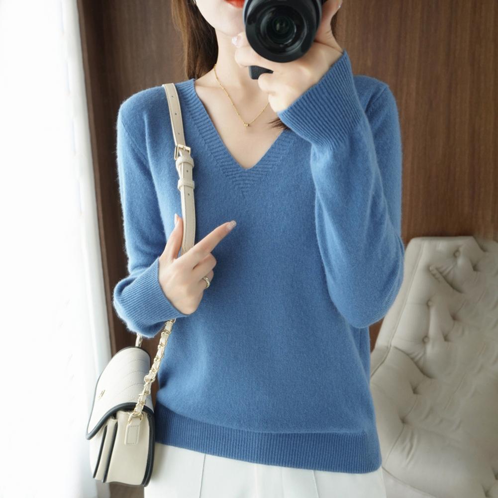 Long Sleeve Sweater Women's V-neck Knit Sweaters Stylish Long Sleeve Pullover Tops with Ribbed Trim for A Chic Elegant Look