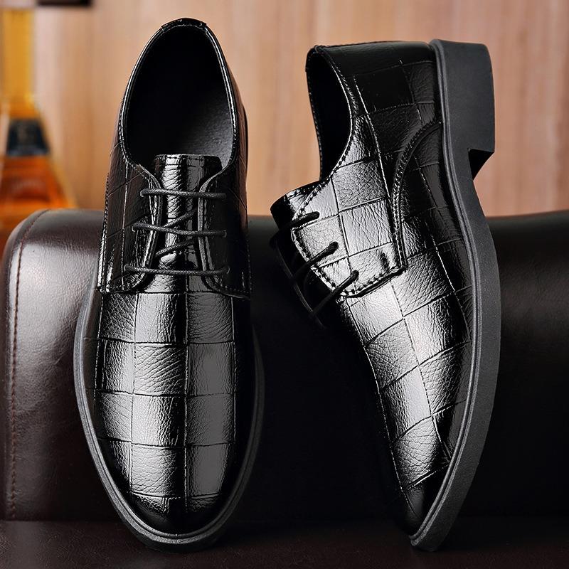 Versatile Shoes Work Plaid Printed Pointed Men's Leather Shoes Lace-Up Men's Business Casual Leather Shoes Men's Shoes