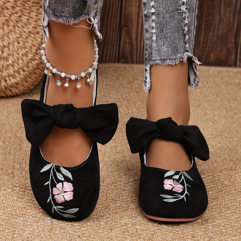 New Embroidered Bow Flat Mary Jane Shoes for Women Cross-border Ethnic Style Slip-Ons