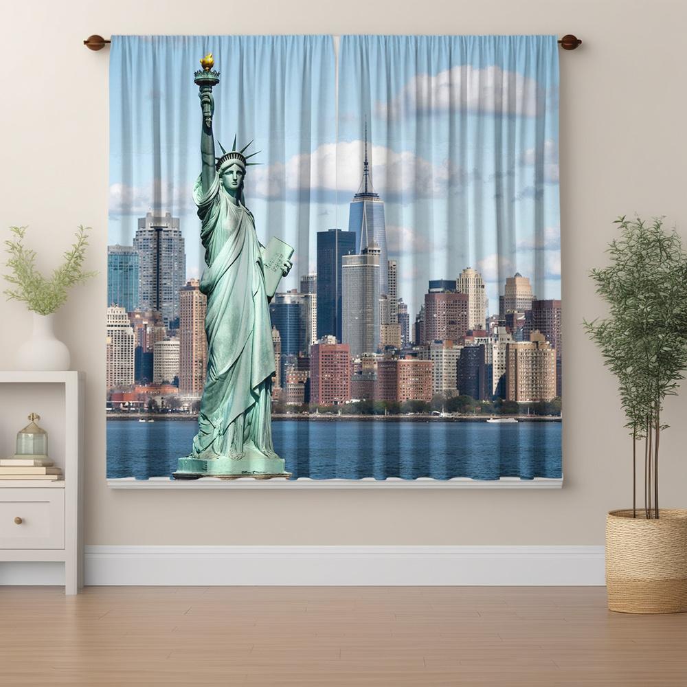 New York Statue of Liberty Skyline Curtains Set of 2 Rod Pocket Semi Sheer for Living Room Bedroom Decor
