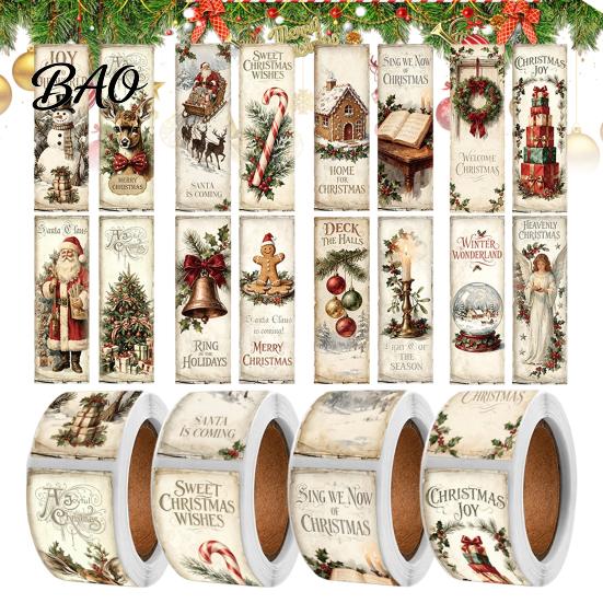 Retro Illustrated Gift Tape Christmas Coated Paper Sealing Sticker, Hand-drawn Santa Claus Snowman Elk Envelope Stickers Design, Decorative