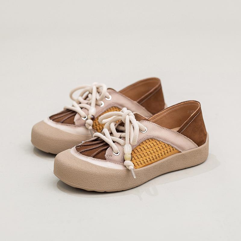 Johnature Mixed Colors Casual Lace-up Flats Genuine Leather Versatile Soft Soled Women's Shoes