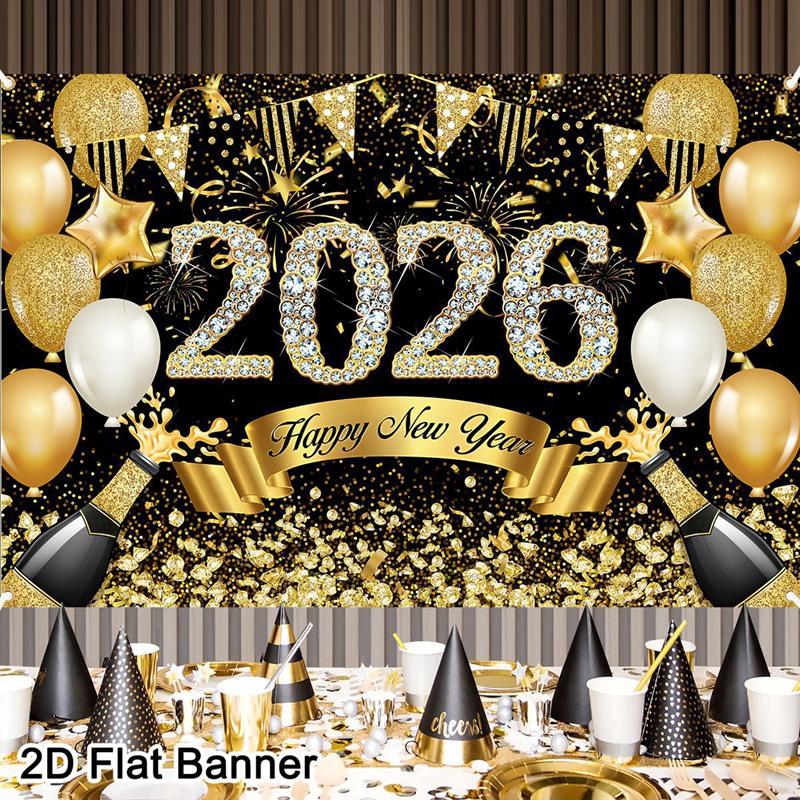 2026 Happy New Year Backdrop Banner Fireworks Black Gold New Year Celebrations Christmas Party Photo Background Decoration Gifts