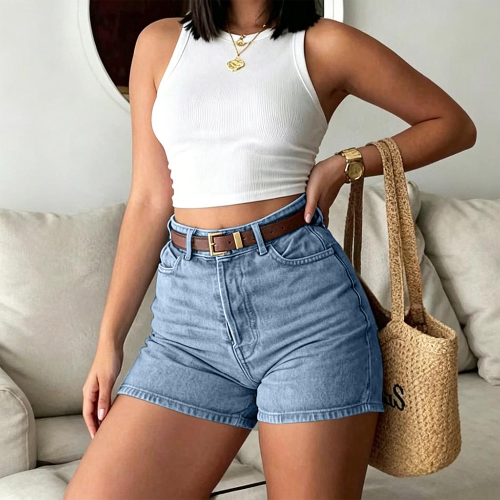 Women High Waist Vintage Denim Shorts Slim Fit Casual Hot Pants with Belt for Summer Everyday Wear