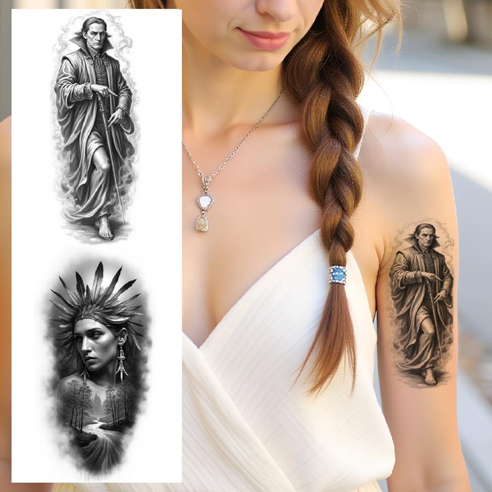 12pcs Temporary Tattoo Black And Grey Realism Roman Soldier Woman With Skulls Viking Warrior For Men Thighs Arms