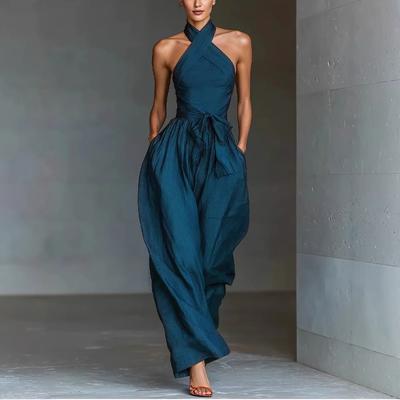 Dames mouwloze halter stropdas effen kleur jumpsuit met zakken lange broek