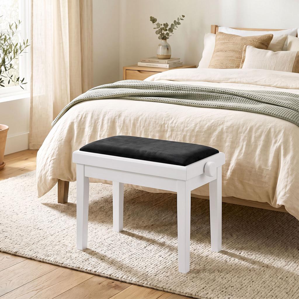 Piano Bench Height-Adjustable Piano Stool with Padded Cushion, Velvet Look, Legs Made of Rubberwood White