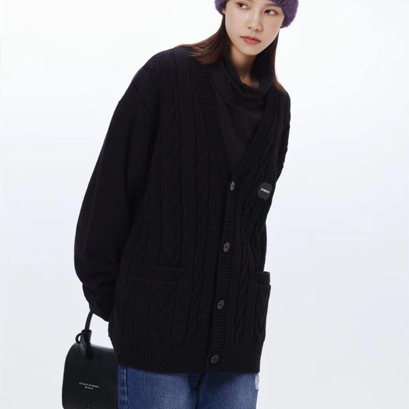 

Колледж стиль льняной узор однотонный V-образный вырез кардиган свитер весна осень трикотажное пальто one size чёрный