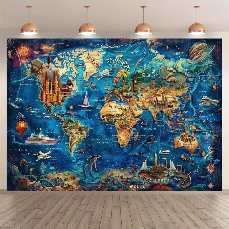 2D Fantasy World Map Backdrop with Landmarks & Animals, Blue Ocean Style Background for Room Decor