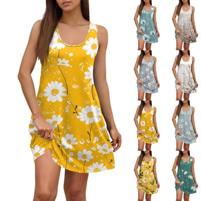Women's Summer Casual Square Neck Floral Print Dress Sleeveless Dress With Pockets