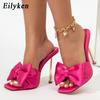 Fashion Eilyken New Arrival Silk Butterfly-knot High Heels Women Slippers Square Toe Mule Slippers Slides Party Pumps Shoes