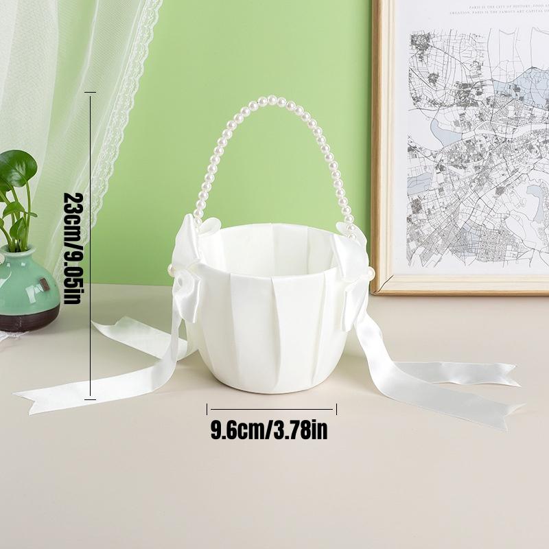 White Flower Basket Bow Faux Pearl Girls Wedding Flower Basket for Bride Kids Hand Held Wedding Ceremony Party Decorations