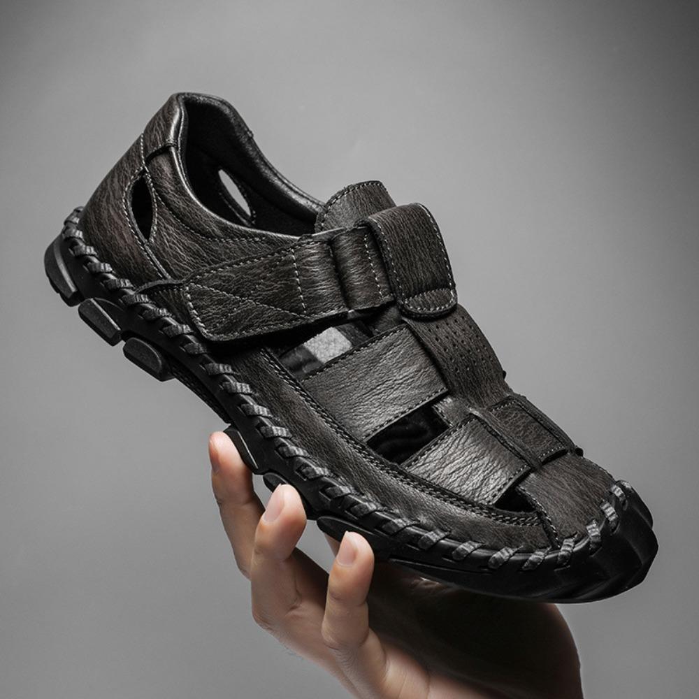 Mens Genuine Leather Sandals Breathable Outdoor Summer Casual Perforated Beach Shoes