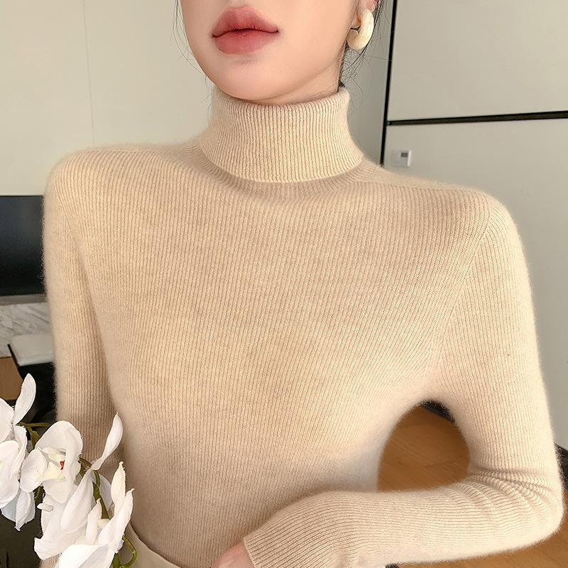 

Женский свитер с высоким воротником Осень Зима Облегающий пуловер Вязаный Воротник-стойка Универсальный базовый слой M бежевый