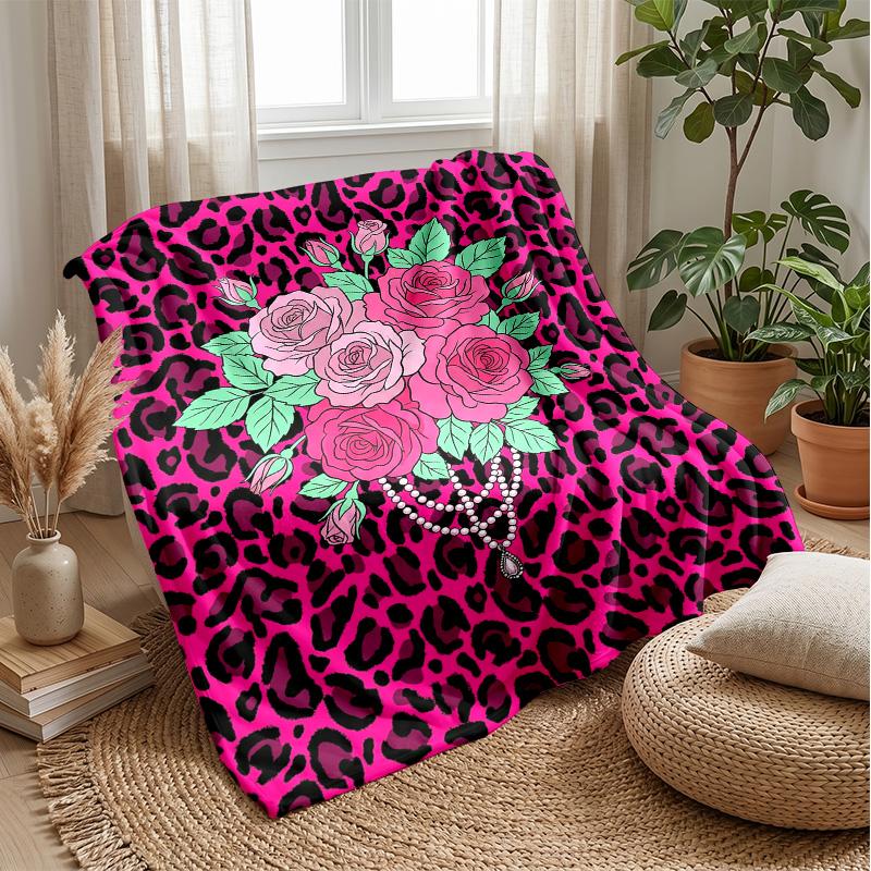 Pink Roses on Leopard Print 2 Theme blanket Lightweight Warm Flannel Blanket Decorative Throw Blanket for Home Decoration