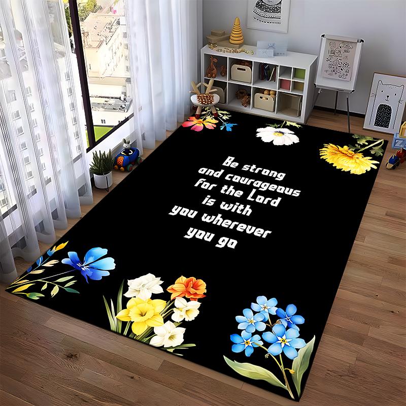 "Floral Courageous Bible Verse Rug - Non-slip Rug Suitable for Living Room and Bedroom Sofas"
