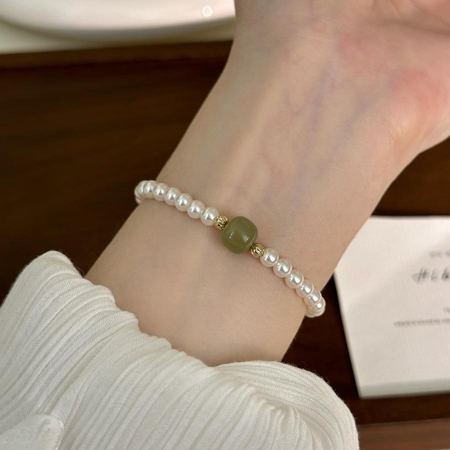 Natural Hetian jade pearl beaded bracelet New Chinese simple fashion bracelet Versatile temperament light luxury jewelry