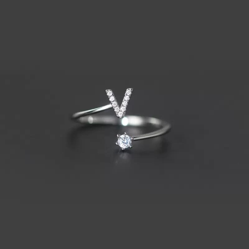 Fashion 925 Silver 26 Letter Ring Sparkling Diamond Zircon Open Ring Index Finger Your Ring Birthday Party Jewelry