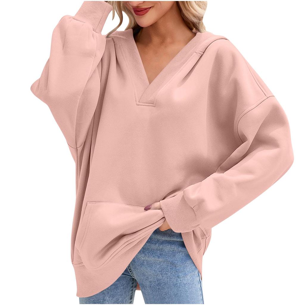 Damski swobodny pulower z dekoltem w serek, z długim rękawem, jednolity kolor, podszyty polarem, z kapturem, top