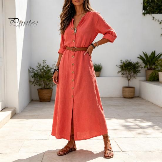 Middellange Jurk Dames Zomer Knopen Lange Jurk, Casual Losse V-hals Tuniek Op te rollen Mouw Vakantie Lounge Outfits Feest