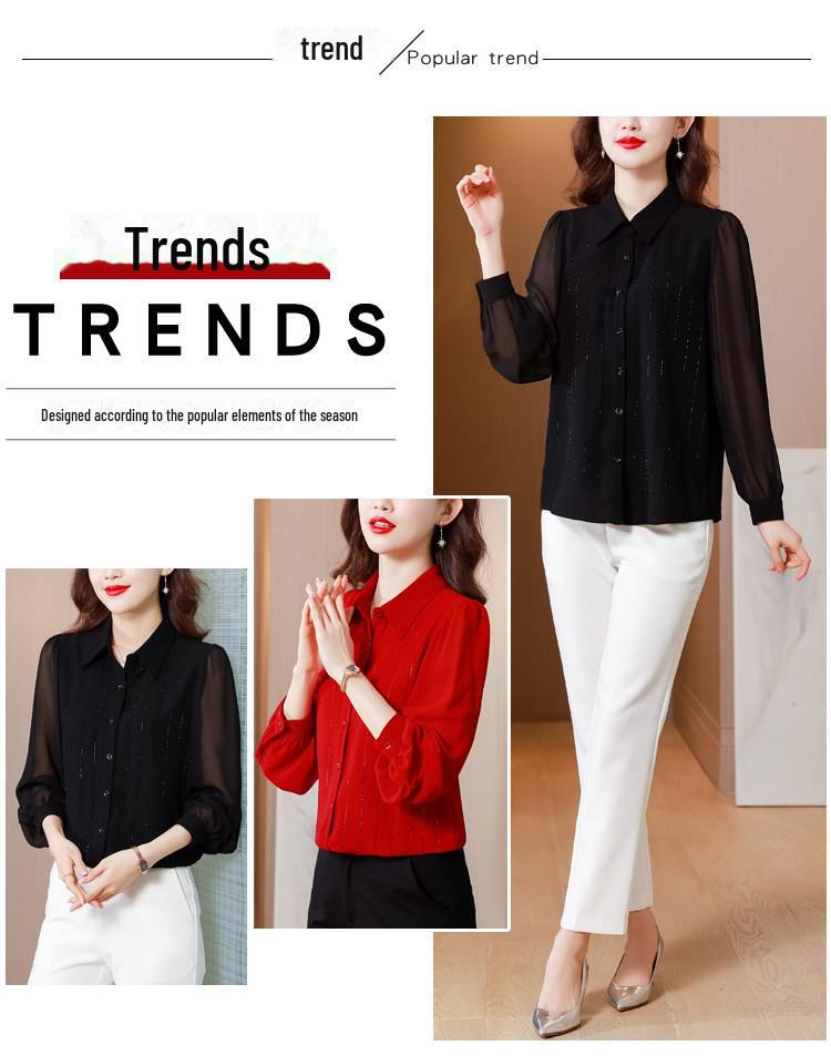 Dámská černá šifonová košile s dlouhým rukávem - Elegantní styl pro rané jaro, podzim a zimu 2023.