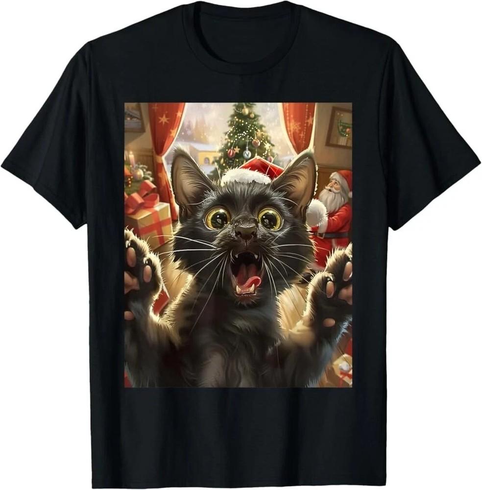 Funny Black Cat Selfie With Santa Christmas Cat Lover Xmas T-Shirt HS200 Unisex T-Shirt XXXXL