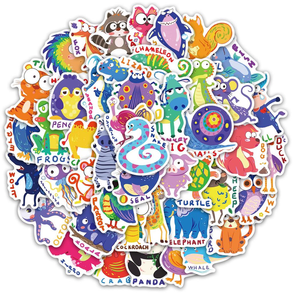 Set of 50 Children's English Cartoon Animal Stickers for Thermos Cups, Phone Cases, Laptops, and Desktops