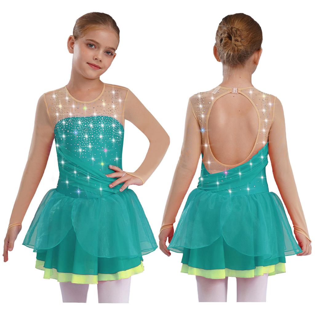 Kids Girls Stage Performance Dress Glitter Rhinestones Sheer Mesh Long Sleeves Cutout Back Figure Skating Costume