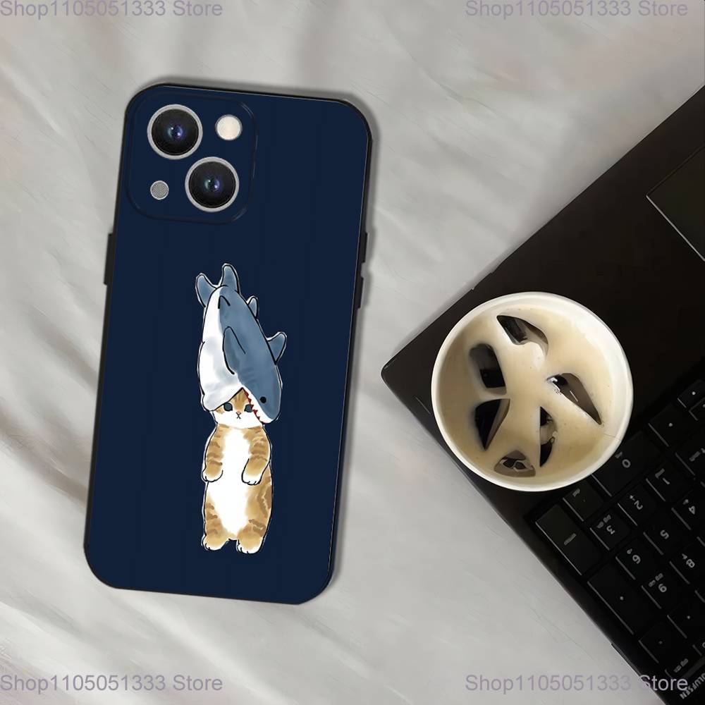 Cute Cartoon Blue Shark Phone Case For iPhone 17,16,15,14,13,12,11,Pro,XS,Max,XR,Plus,E,SE4,Mini Black Soft Cover