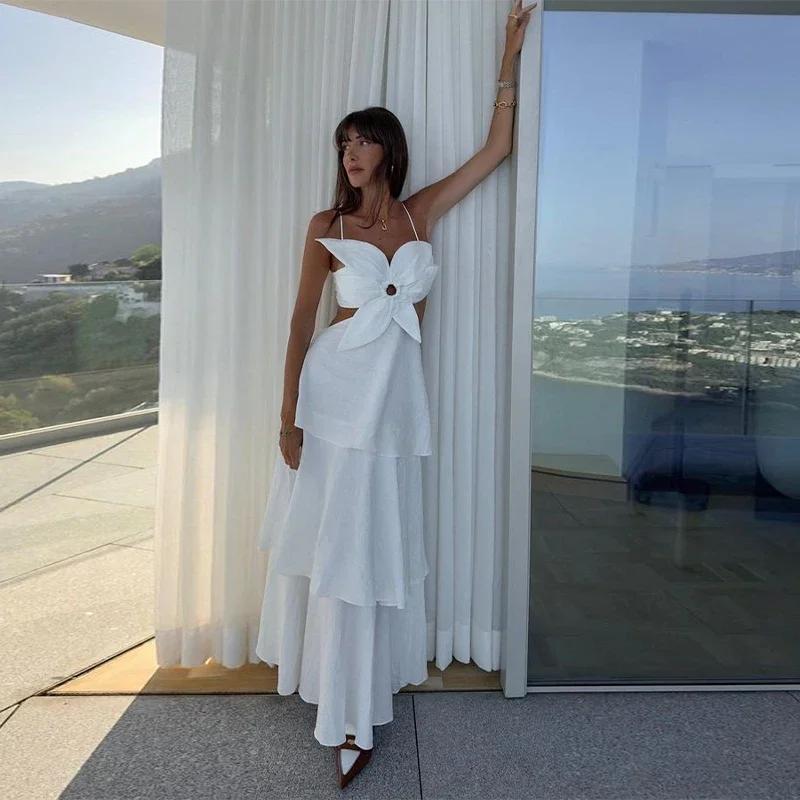 White Flower Sling Dress Women Hollow Out Sleeveless Backless Ruffles Party Long Holiday Dresses Female