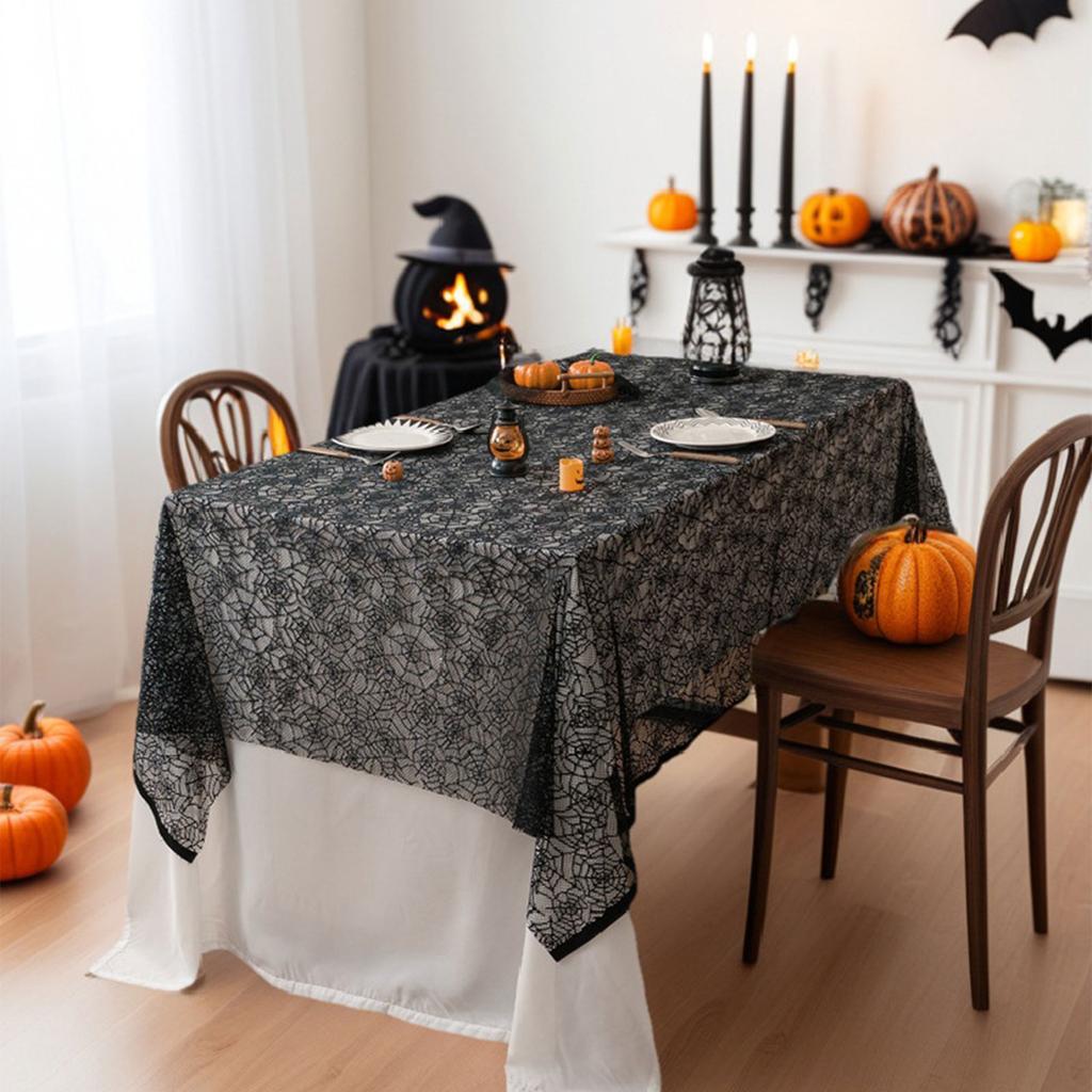 Halloween Black Lace Polyester Tablecloth for Party Decorations Fabric Easy To Cleaning Foldable Designs