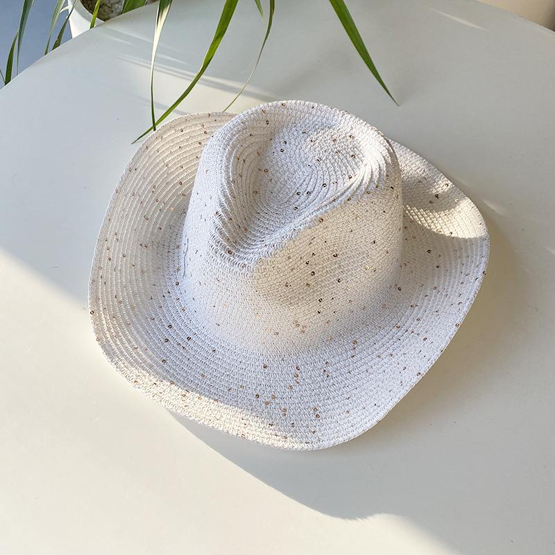 

Универсальная шляпа в стиле плетеная из соломы с пайетками мужская и женская солнцезащитная ковбойская шляпа белый