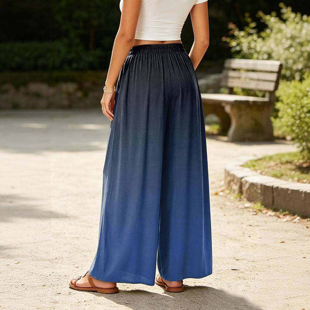 Damen Weite Leg Casual Hose Elastischer Bund Farbverlauf Print Leicht Bequem Palazzo Hose mit Taschen für den Alltag