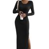 2025 Autumn/Winter Bestseller: European and American Women's Long-Sleeved Round Neck Slit Knit Dress.