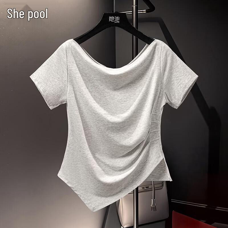 Women s Slim Fit Drape Neck Pleated Short Sleeve T-Shirt One Size