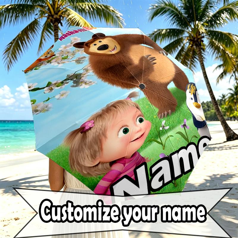 Custom Name Personalized Masha and The Bear Print Umbrella, Auto Open Close, 8‑Rib Sturdy Frame, Commute Camping Hiking Use, Birthday Gift