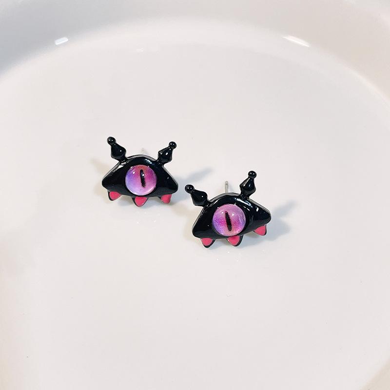 Unique Black Pink Monster Demon Eye Stud Earrings for Women New Modern Korean Fashion Cute Girl Party Zircon Accessories