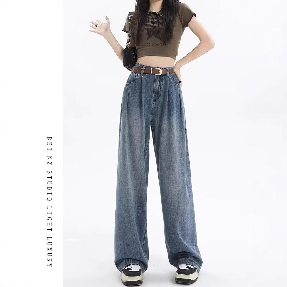 Plus Size Women's High Waist Wide Leg Drape Jeans - Autumn Retro Casual Pants