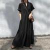 Spring and Summer Fashion Women's Dress: Stand-up Collar Short-sleeved V-neck, Loose Front Opening, Fishtail A-line Long Dress