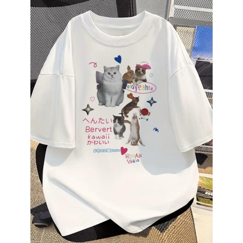 Cute Cat Dog Collage Print T-Shirt Crew-Neck Oversized Tee Playful Pets Donuts Graphic Short-Sleeve for Daily
