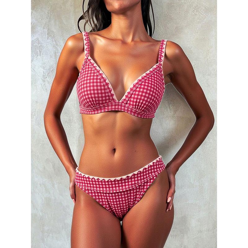 

Women Summer 2 Piece Bikinis Sets Plaid Print Spaghetti Strap Bra and Low Elastic Waist Briefs Bathing Suits L рожевий
