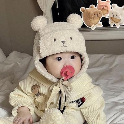 Cute Bear Baby Hat with Earflap Winter Warm Lamb Wool Infant Beanie Cap Solid Color Cartoon Ears Toddler Ear Protection Caps