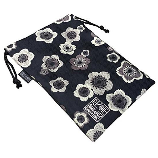 Senshishuin Nishijin Brocade Drawstring Bag Light Ink Cherry Houndstooth Large (Lined) - Blossom/Black Design,