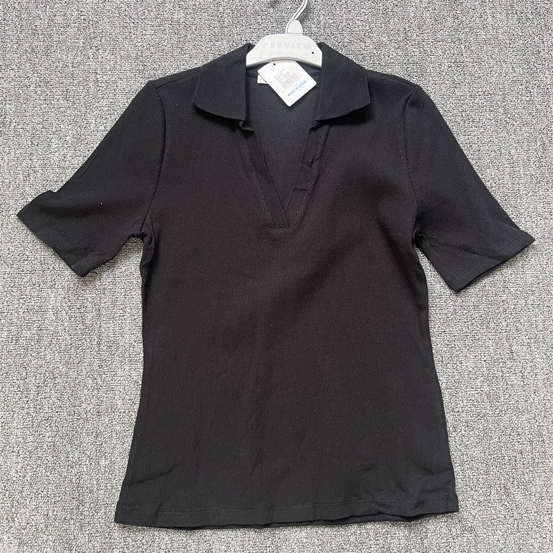 Genuine Export Surplus European and American Striped Stretchy Slim-Fit Comfortable Cotton Women's Summer Polo Collar Short-Sleeve T-Shirt