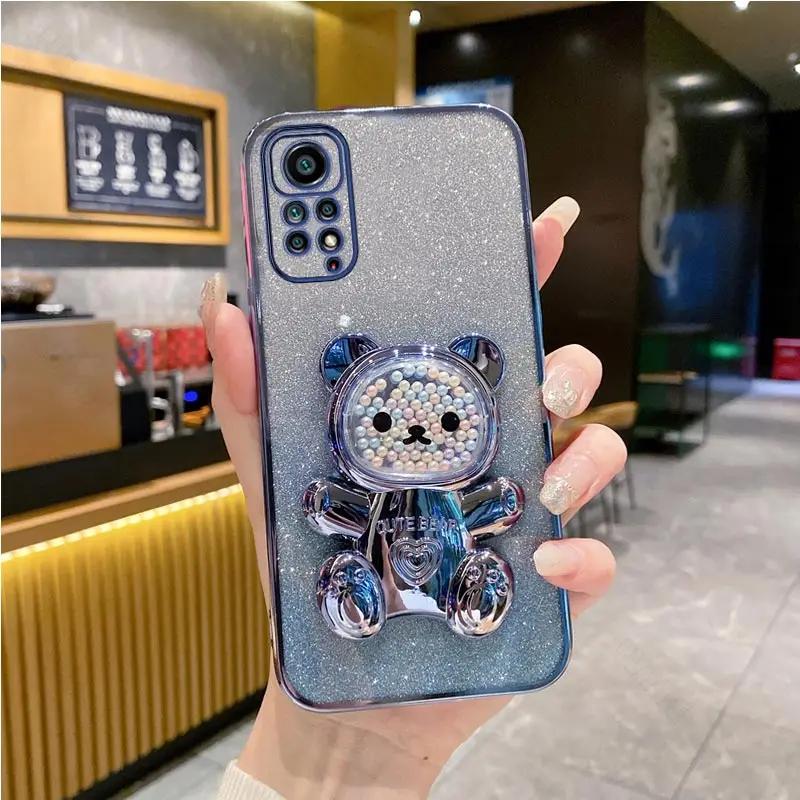 

Милый держатель-кронштейн в виде медведя, блестящий чехол с покрытием для Xiaomi Redmi Note 11 Pro 11pro 11s 11t 10 10s 9 9s 8t 8 7 Pro, чехол-подставка Redmi Note 10 5G&Case & Holder синий