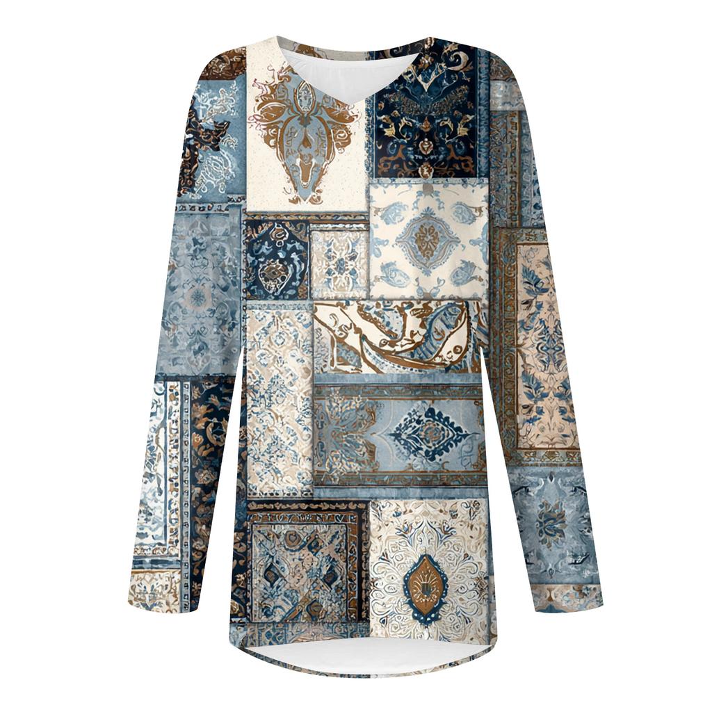 Modieuze casual damestop met lange mouwen, retroprint, V-hals en middellange lengte