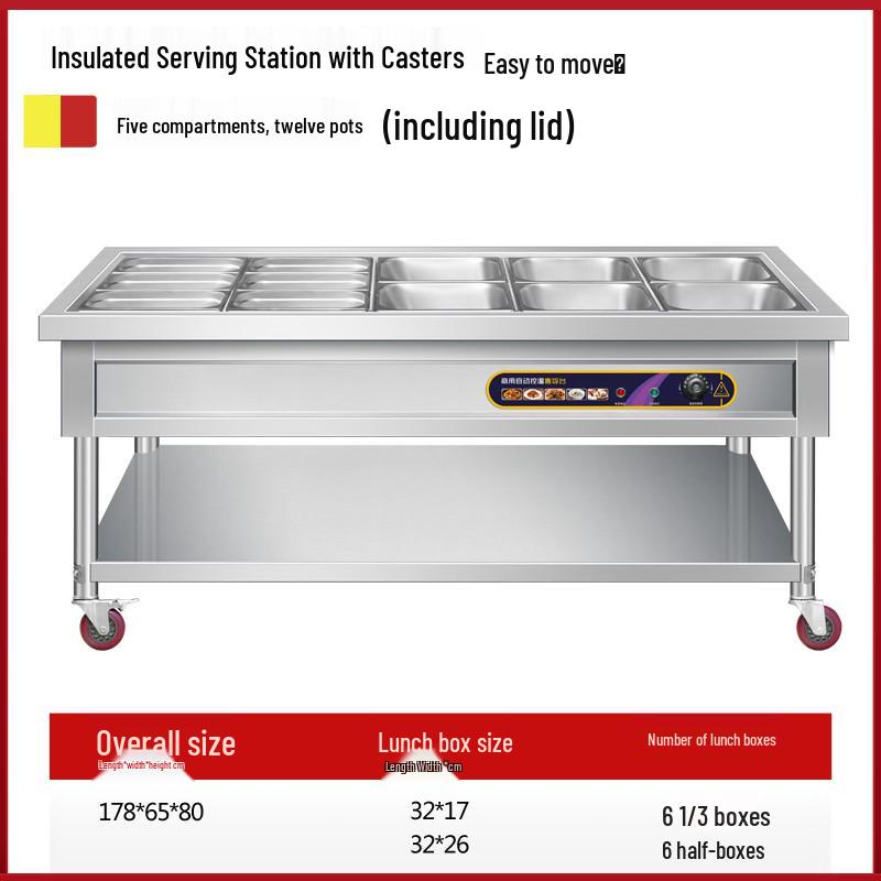 Stainless Steel Mobile Food Warming Table with Casters - Insulated Hot Dish Serving Cart