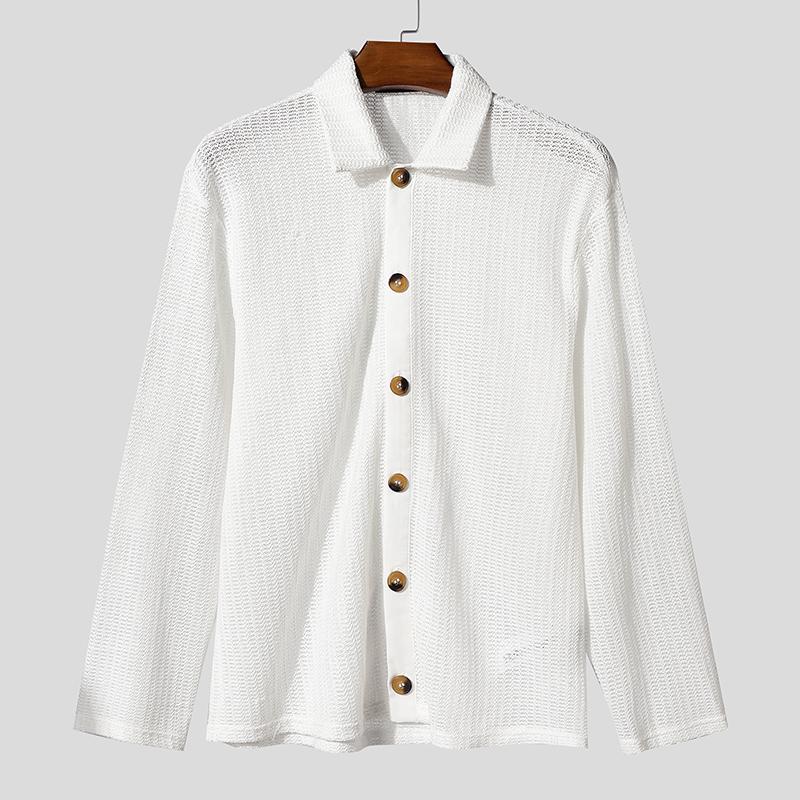 

INCERUN Мужской кардиган с лацканами, длинным рукавом, на пуговицах, с ажурным вязанием крючком L белый