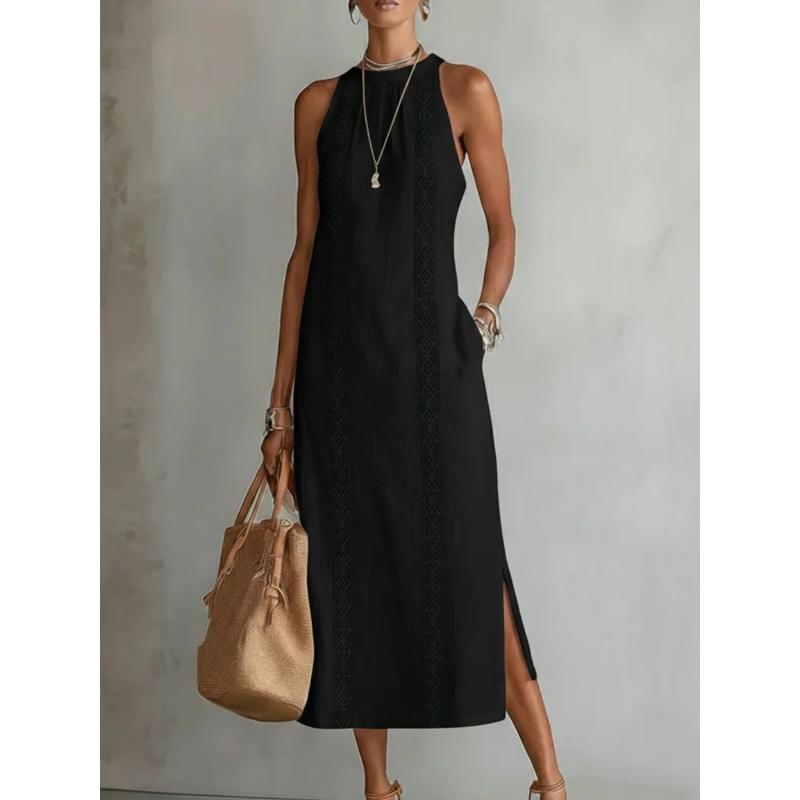 Women's Summer Dress Halter Sleeveless Vacation Loose Fit Casual Women's White Midi Dress With Lace Stitching Slit Pockets Simple Beach Dresses