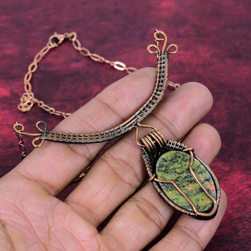 Unakite Gemstone Necklace Adjustable Chain Necklace Copper Wire Wrapped Jewelry
